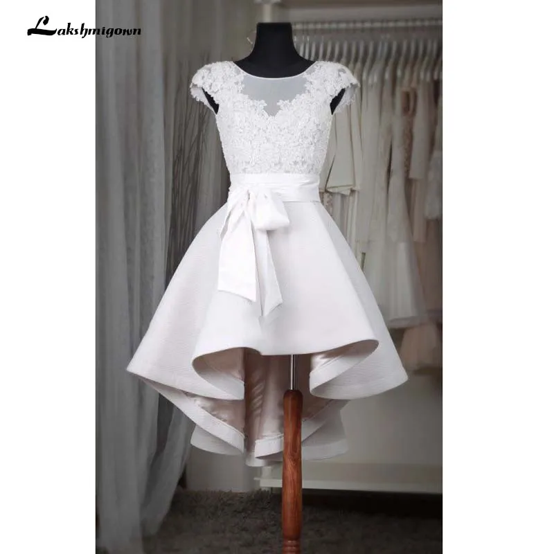 

2019 Cap Sleeve Robe De Soiree Party Evening Dress Puffy High Low Lace White Prom Dress Elastic Fabric