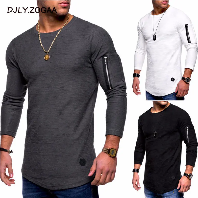 

Zogaa New Fashion Casual Slim Elastic Soft Solid Long Sleeve Round Neck Men Zipper PatchworkT Shirts Hip Hop Male Fit Tops Tee