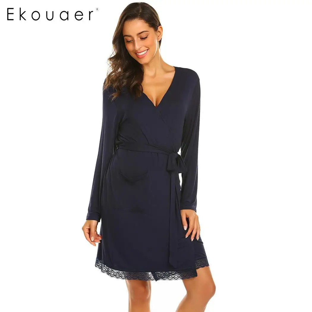 

Ekouaear Women Casual Robe Sleepwear Solid V-Neck Long Sleeve Belt Lace Patchwork Pocket Bathrobe Kimono Robe Dressing Gown