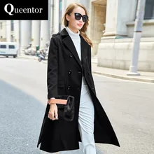QUEENTOR 2017 Brand Overcoat Autumn Winter Plus Size Double Breasted Elegant Casual Black Long Woolen Coat Women Wholesale