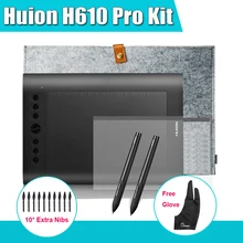 2 ручки Huion H610 Pro искусство графика графический цифровой планшет комплект + защитная пленка + 15-inch мешок-вкладыш-супер + Parblo перчатки 10 дополнительных нибс