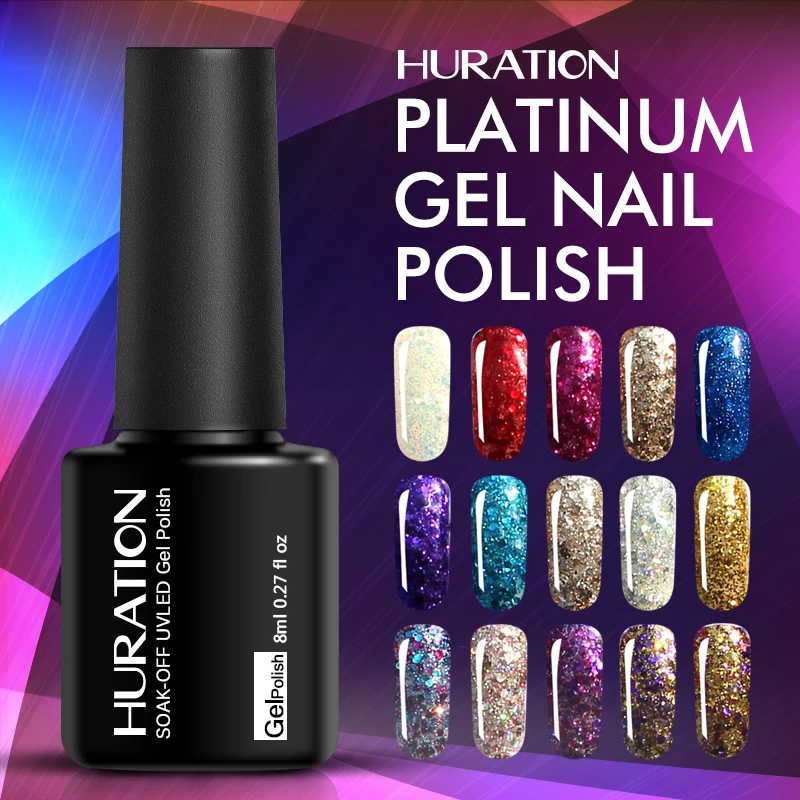 

Huration Professional Gel Lacquer Polish LED UV Builder Gel Tops Soak Off Nail Art 20 Colour Glitter Diamond Nail Gel Varnish