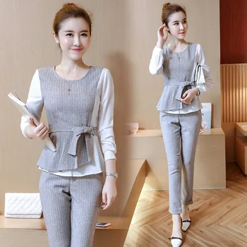 

Fashion casual professional suit 2019 spring new long-sleeved striped OL temperament women's slim elegant two-piece suit