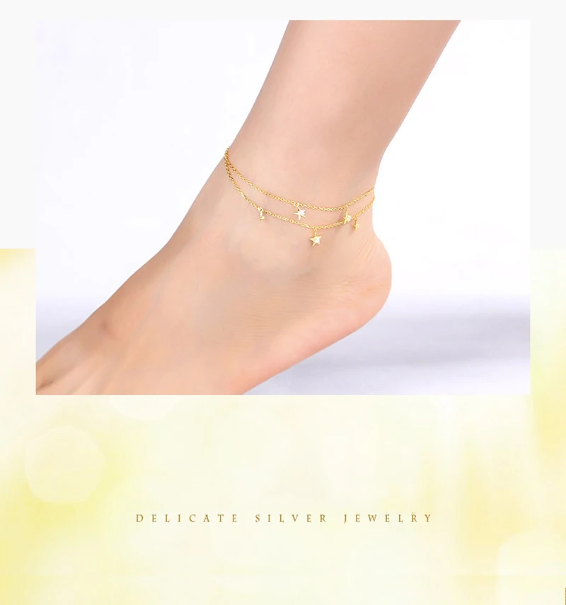 Qevila Fine Jewelry 100% 925 Sterling Silver Summer Ankle Bracelet Gold Anklet Elegant Star Foot Leg Chain Charm for Women Gift  (13)