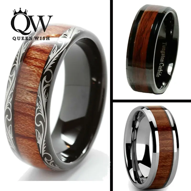 Queenwish 8mm Black Slivering Tungsten carbide Ring Koa