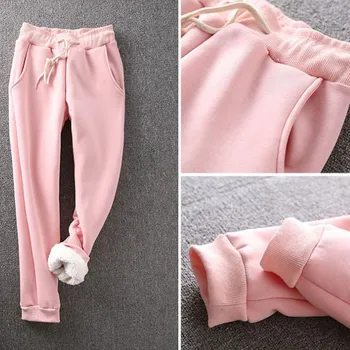

Winter Womens Sweatpants Elastic Waist Fleece Cotton Sweat Pants Women Fashion Casual Trousers Pink Grey Black 1202-69