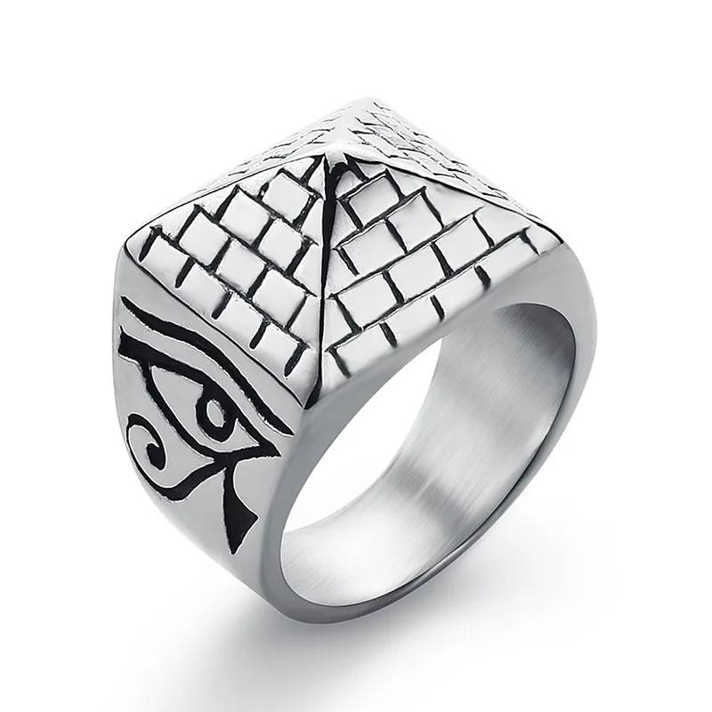 

Men's Horus Eyes Anubis Pattern Triangle Pyramid Ring Stainless Steel Silver Signet Rings Jewelry for Men Wholesale US Size 7-14