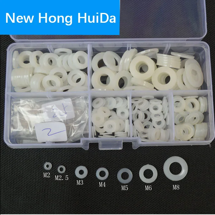 

White Nylon Flat Round Washer Insulation Plastic Seals Spacer Gasket Ring M2 M2.5 M3 M4 M5 M6 M8 Assortment Kit Set Box 350pcs