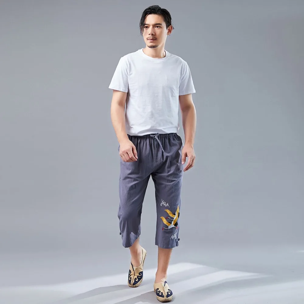 LZJN Men’s Summer 34 Pants Casual Cotton Linen Elastic Waistband Wide Leg Capri Short Bermuda Embroidery Beach Playa Hombre (22)