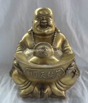 

bi0011674 8" Chinese Brass Wealth YuanBao Happy Laugh Maitreya Bronze Buddha Statue