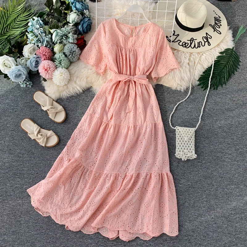 

2019 Summer Dress New Korean Sweet Round Neck High Waist Cloth Short Sleeve Elegant Vestidos H295