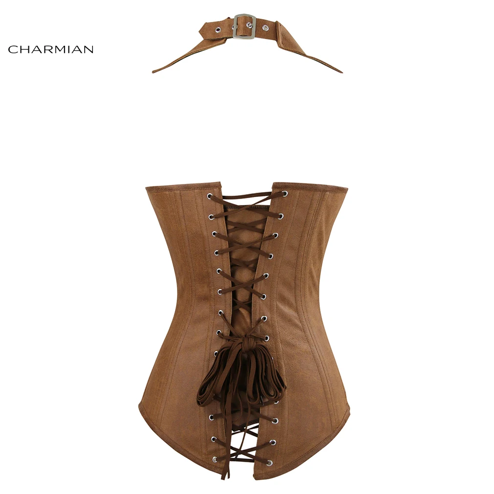 Charmian, Женский корсет размера плюс в стиле стимпанк, готический корсет со стальными косточками на груди, короткий корсет из искусственной кожи, жилет на молнии