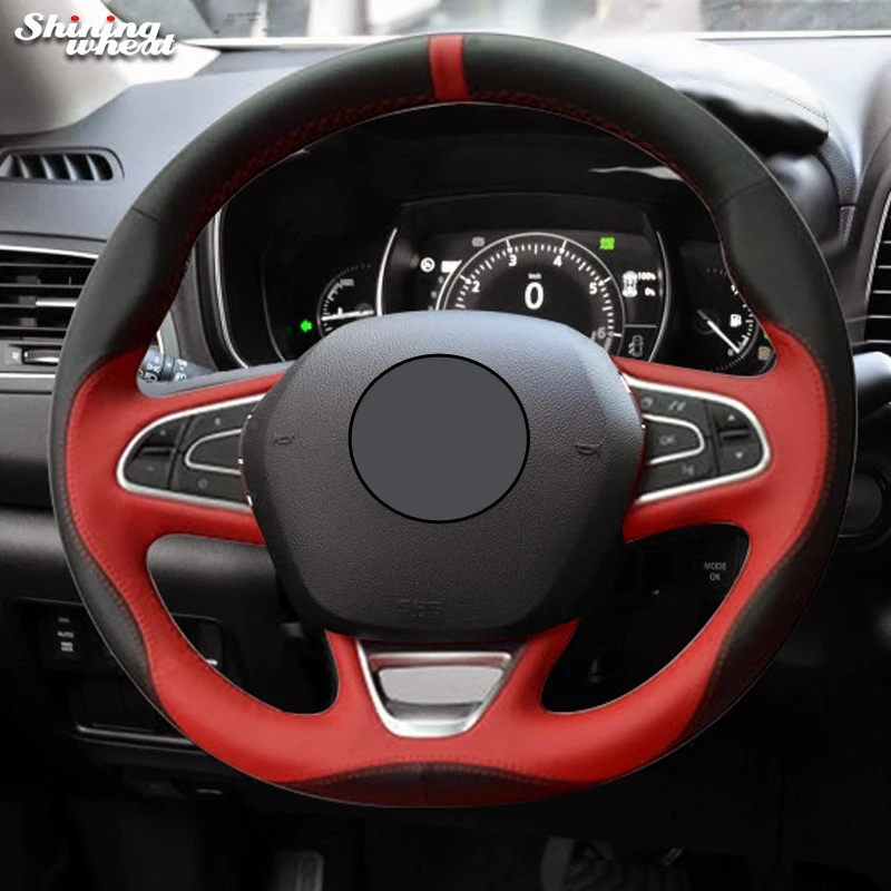Shining wheat Black Red Leather Car Steering Wheel Cover for Renault