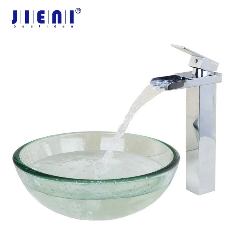 Jieni Tempered Glass Bathroom Sink Round Bathroom Sink Set Chrome