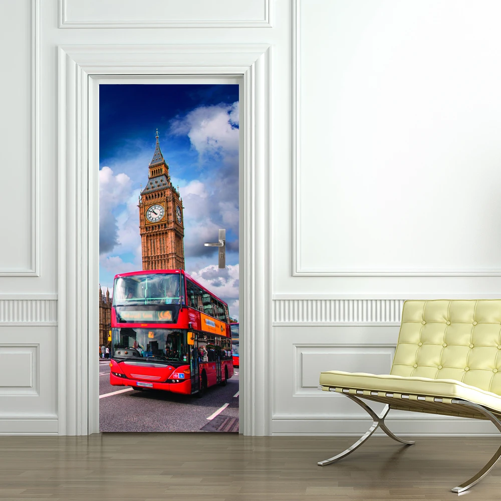 Бесплатная доставка 3D UK Big Ben с красными автобусными дверями настенные наклейки