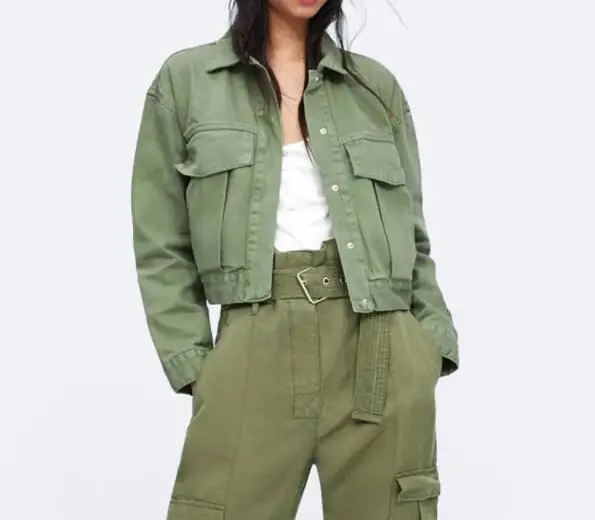 Большие размеры, зимняя женская верхняя одежда и куртка, Свободное пальто с длинными рукавами, короткая джинсовая куртка, женская зеленая куртка с большим карманом - Color: Army green