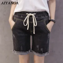 S-4XL плюс Размеры Джинсовые шорты для Для женщин лето эластичный пояс манжеты Дамская мода Джинсы для женщин Шорты для женщин цвет: черный, синий