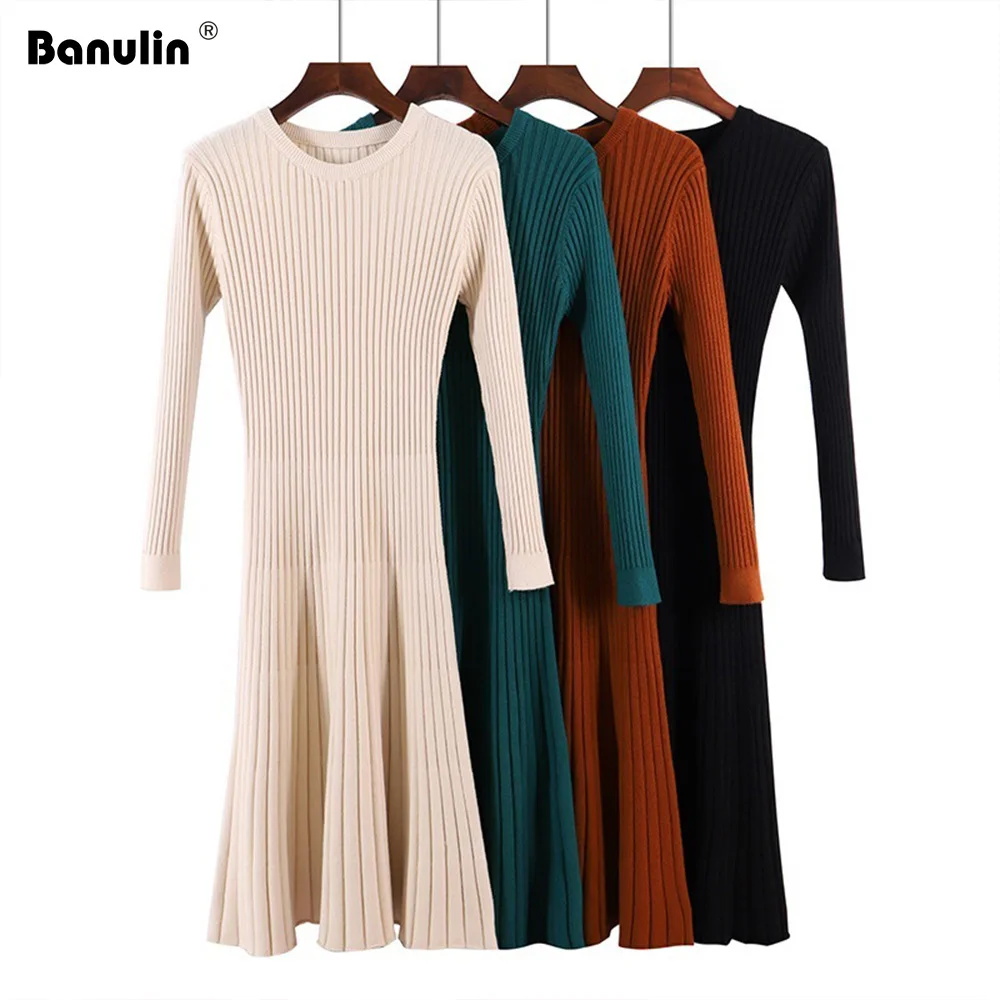 

Banulin 2019 Women O-neck A-Line Knitting Sweater Dress Winter Thicken Knit Dress Korean Fashion Retro Vintage Midi Long Dress