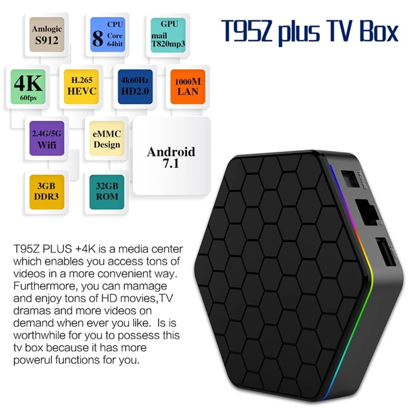 T95Z Plus 3g 32G Amlogic S912 Восьмиядерный процессор Andorid 7 1 ТВ приставка 2 4G/5 GHz WiFi BT4.0 4K H.265 Smart