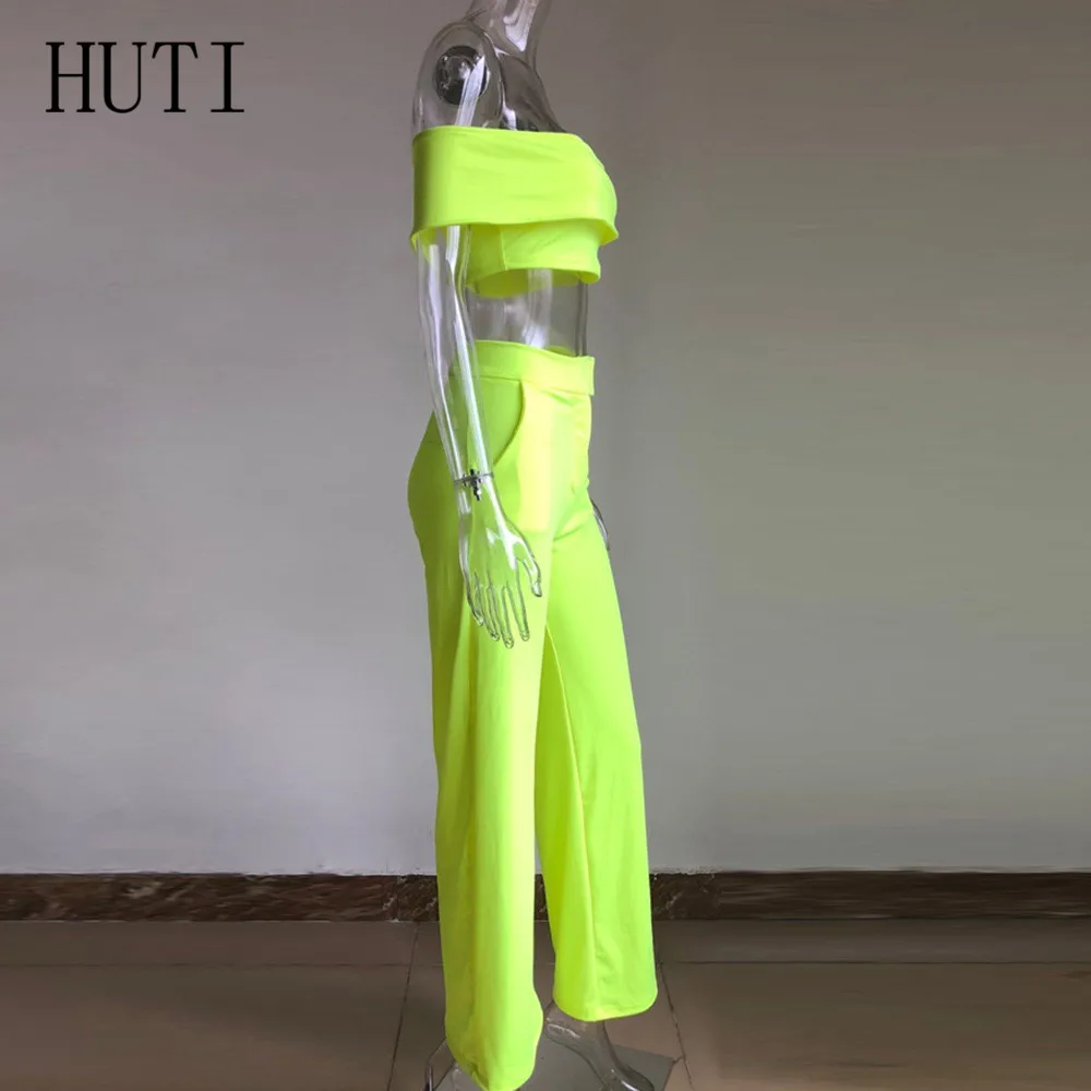 HUTI Off Shoulder Crop Top + Wide Leg Pants Trousers Women Elegant High Street Style Jumpsuits Summer Casual Combinaison Femme HUTI Off Shoulder Crop Top + Wide Leg Pants Trousers Women Elegant High Street Style Jumpsuits Summer Casual Combinaison Femme