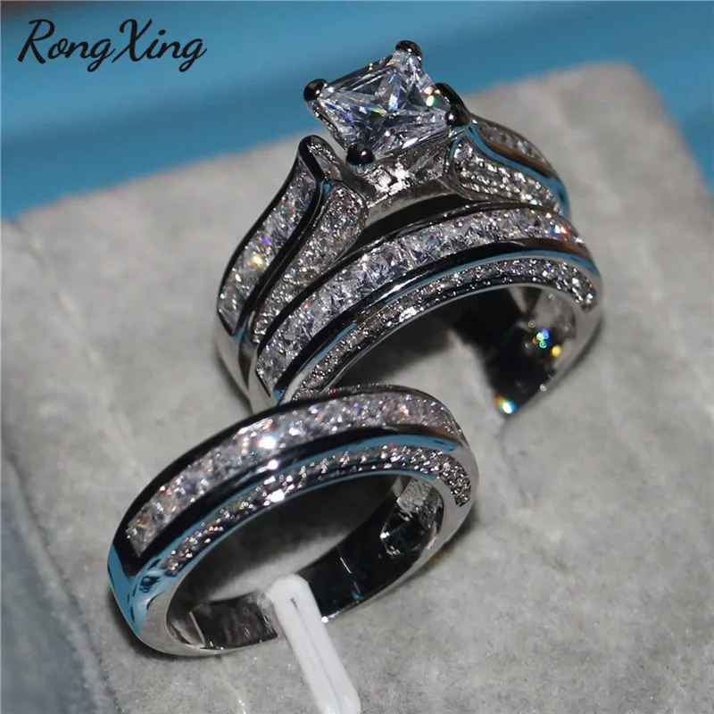 

RongXing Princess Cut White Zircon Engagement Ring Set Female 925 Silver/Yellow Gold Filled CZ Stone Rings for Women Men Wedding