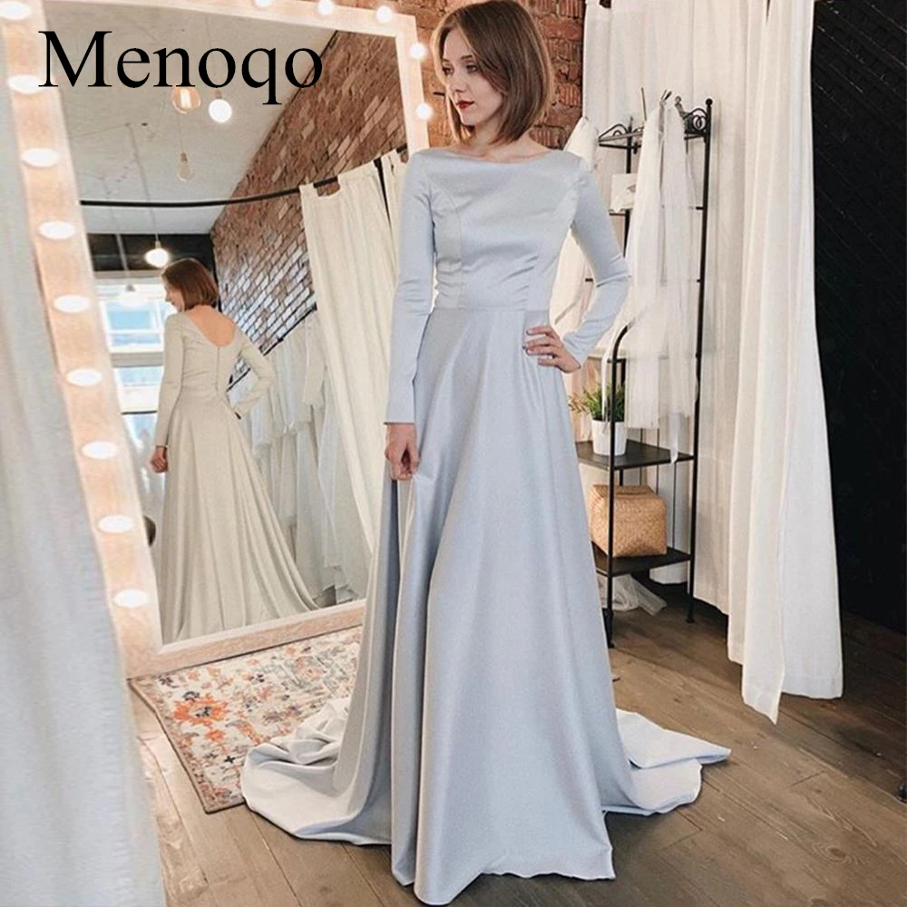 Simple Scoop Silver A Line Prom Dresses Long Sleeves Court Train 2019 Formal Evening Party Gowns Custom Made Plus Size Liyuke (2)_副本