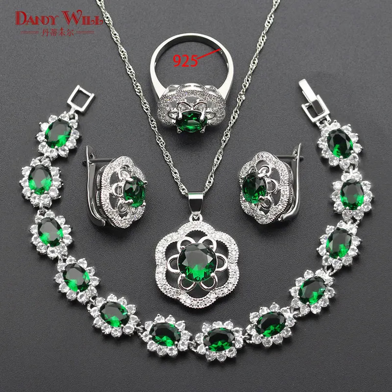 Green Crystal Jewelry Sets For Women White CZ 925 Logo Silver Color Earrings/Ring/Necklace/Pendant/Bracelets Party Wedding | Украшения и