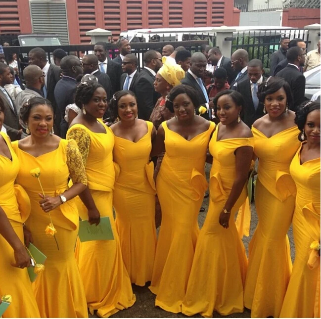 

2017 Custom Made New Special Brazil Style Different Style Portrait Scoop Half Lace Sleeve Mermaid Yellow Bridesmaid