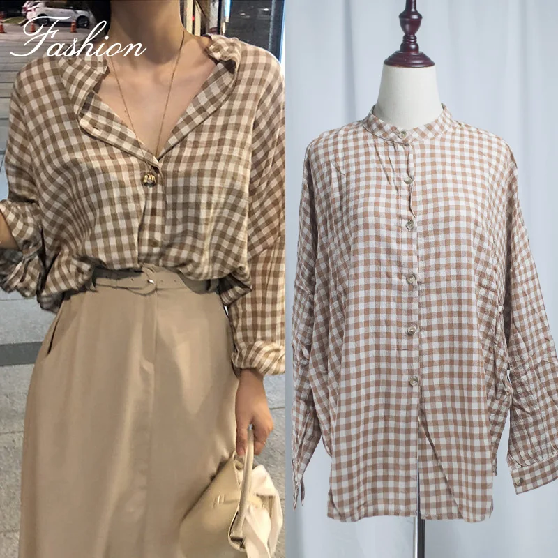 

Women's Plaid Blouses Cute Sweet Tops Fashion Temperament Lady Cute Girls Button High-Quality Women's Shirt