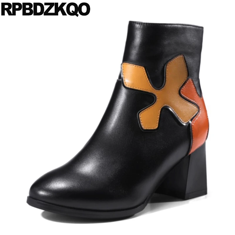 

Short Chunky Genuine Leather Designer Size 34 High Heel 2017 Ankle Fall Black Patchwork Women Boots 2016 Round Toe Shoes Booties