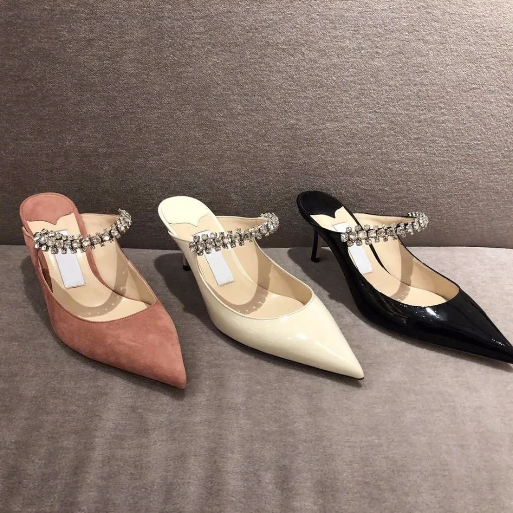 

Women Slippers Crystal Mules White Pink Leather Shoes 2019 New 10cm High Heels Sexy Stiletto Ladies Party Shoes Women Footwear