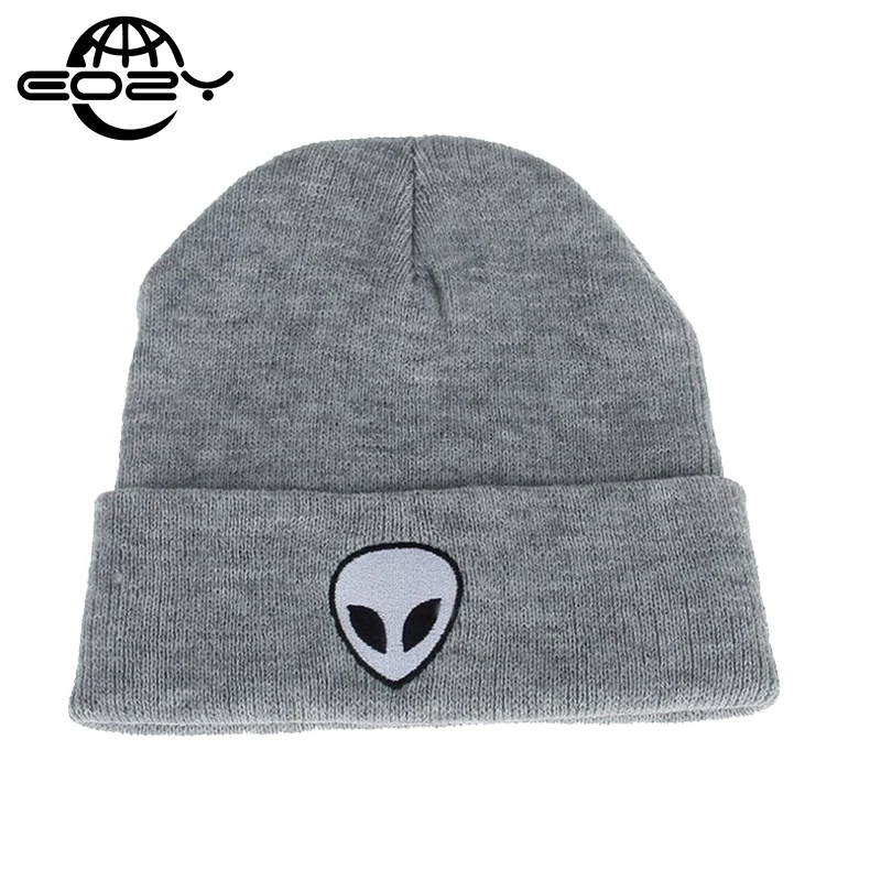 2016 Autumn Winter Knitting Wool Knitted Solid Hats For Women And Men Alien Embroidery Dome Black White Gray skullies beanies