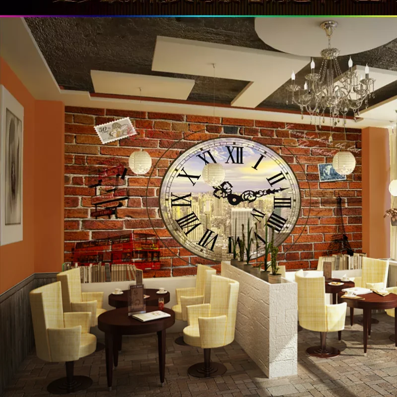 

Free shipping custom European retro industrial style stereo clock bar coffee shop background brick wallpaper 3d free