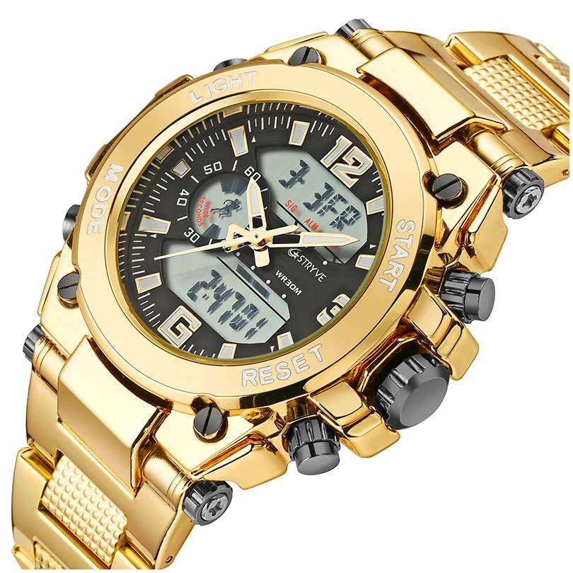 

STRYVE Sport Watch Men Fashion Gold Big Dial Mens Watches 30M Waterproof Military Date Dual Display Wristwatch Relogio Masculino