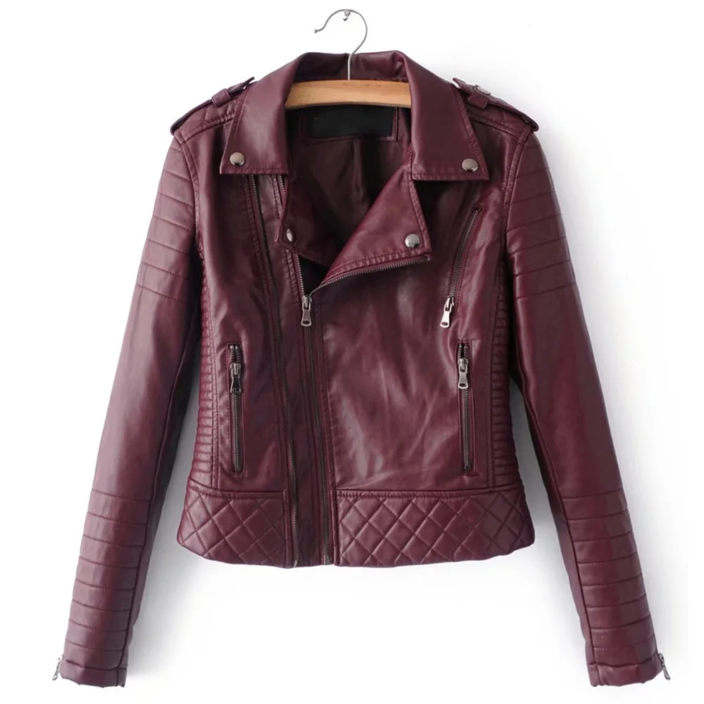 Женская кожаная куртка, мотоциклетная, осенняя, с длинным рукавом, на молнии, мягкая, искусственная кожа, куртки, белые, женские пальто, верхняя одежда - Цвет: Бургундия