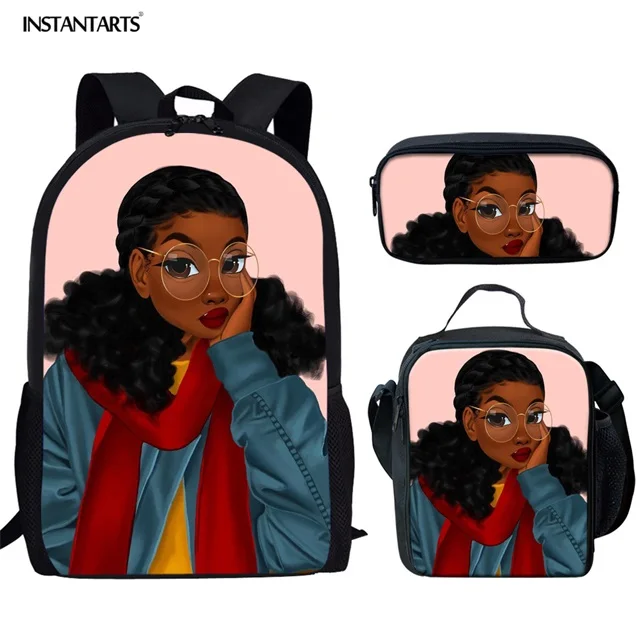 INSTANTARTS афро леди принцесса 3 шт. комплект рюкзак средняя Студенческая школьная сумка детский Ранец африканская темнокожая девушка детская школьная сумка - Цвет: HMG1019CGK
