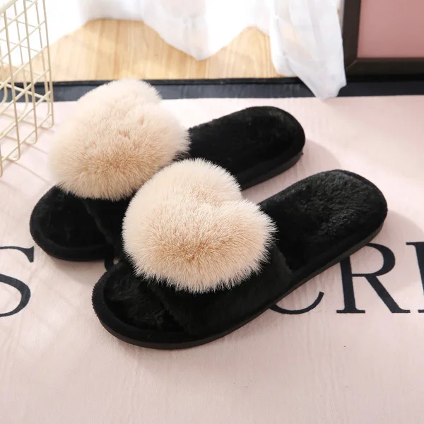 Non-slip Faux Fur Winter Women Slippers Home Female Comfort Floor Women Shoes Cotton Ladies Indoor Slippers Plush Slipper Unisex - Цвет: Beige sweetheart