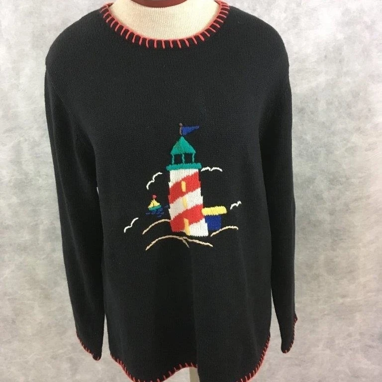Sag Harbor Sport Lighthouse Sweater M medium black embroidered