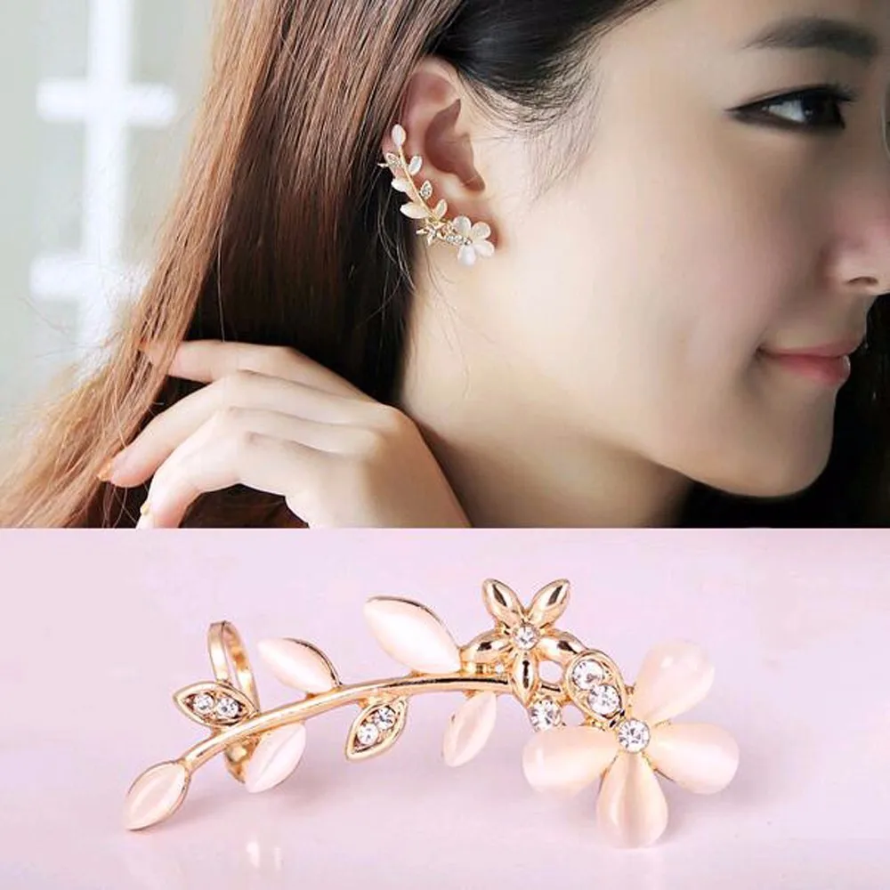 

KISSWIFE 2018 New 1pc Flower Shape Rhinestone Left Ear Cuff Clip Golden Earring Ear Stud