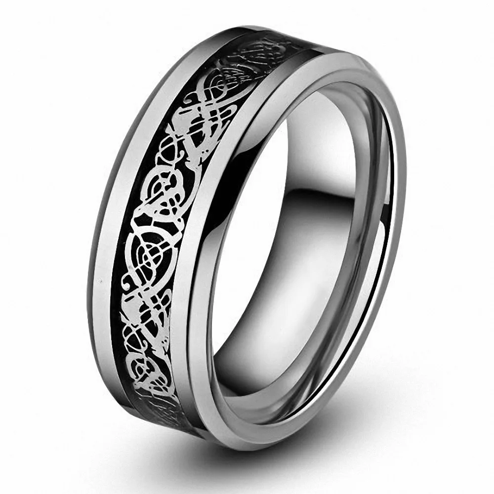 Celtic-Silver-Dragon-Black-Inlay-Flat-Comfort-Fit-Mens-Tungsten-Wedding-Bands