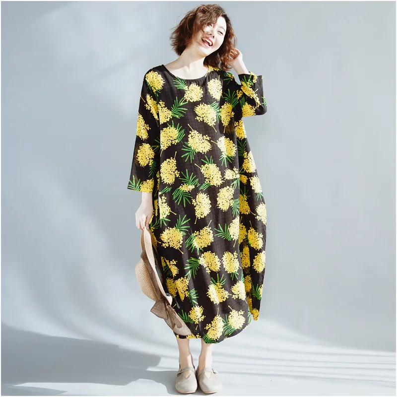Корейское платье, повседневные сарафаны, женское свободное платье большого размера с принтом, хлопок, лен, Ретро стиль, женское желтое китайское платье TA1535 - Цвет: 1