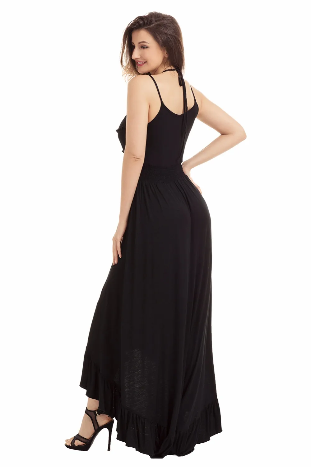 Black-Lace-Up-V-Neck-Ruffle-Trim-Hi-low-Maxi-Dress-LC61510-2-2