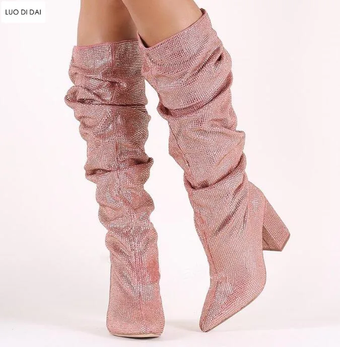 

2018 fashion women pink boots bling boots women booties chunky heel diamond boots ladies dress shoes point toe slip on botas