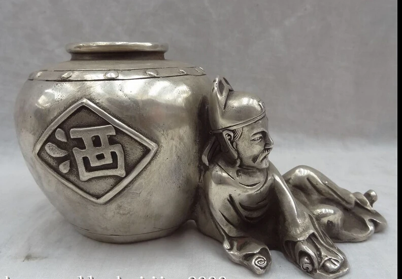 

JP S0606 Chinese Silver Old Poet LiBai Statue Brass Wine-jar Bowl Incense Burner Censer