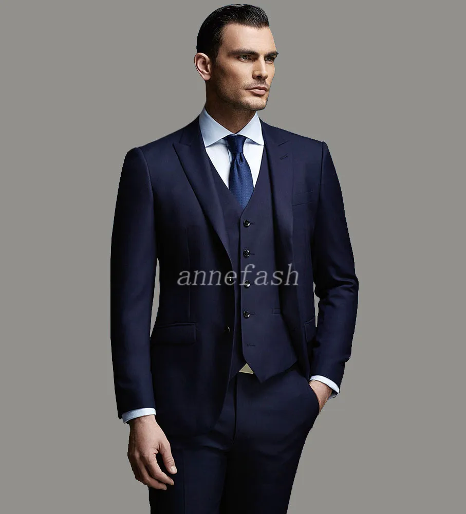 На заказ Высокое качество 150 s камвольная чистая шерсть синий деловой костюм Мужской приталенный костюм(пиджак+ брюки+ жилет