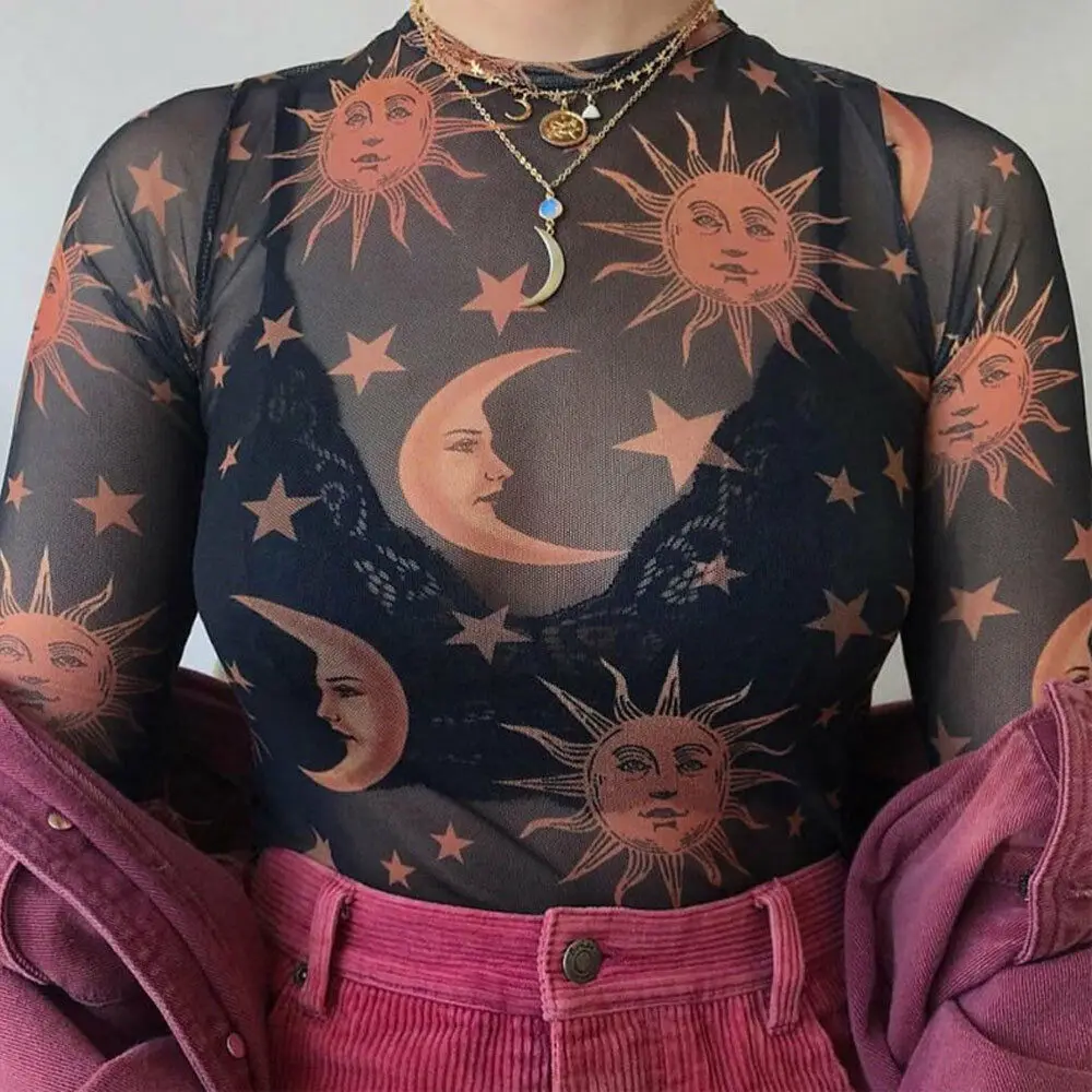 

Sexy Women T Shirt See Through Transparent Mesh Tops Long Sleeve Sheer Slim Ladies Crew Neck Sun Moon Printed Women tshirt