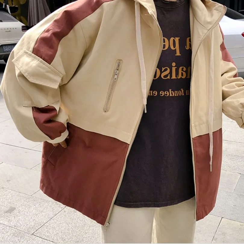 

Embroidery Japanese Letter Contrast Color Block Zipper Cargo Pocket Hooded Jacket Spring Autumn Loose Coat Windbreaker Vintage