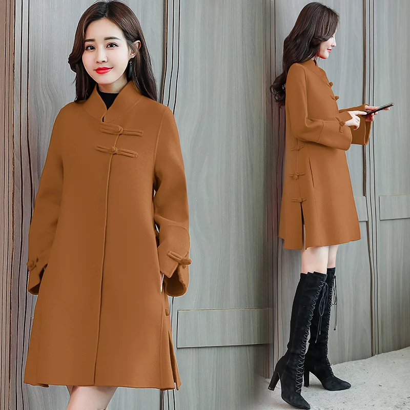 Fashion Chinese style Woolen Coat Slim Feminino long sleeve jacket Women mandarin Collar Female Overcoat Woollen Winter Coat