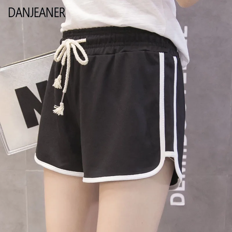 

DANJEANER Striped Side Drawstring Shorts 2019 Summer Elastic Waist Athleisure Shorts Women Black Mid Waist Sporting Shorts