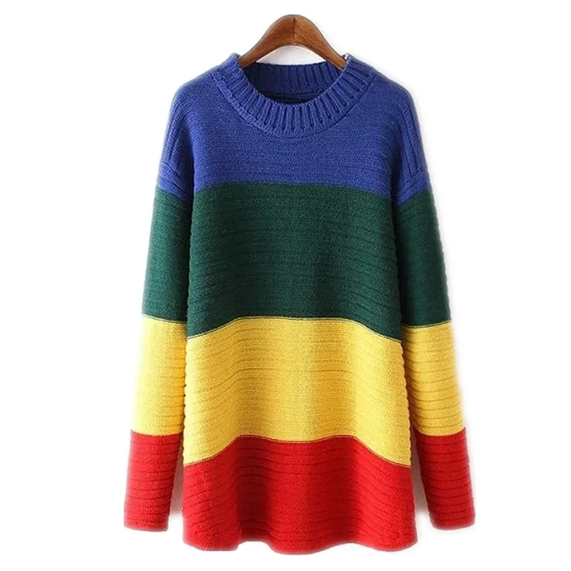 MuMuJia Oversize Casual Rainbow Sweater Women Knitted Pullovers 2018 Autumn Winter Harajuku Sweaters Mujer Jumpers Knitwear Tops